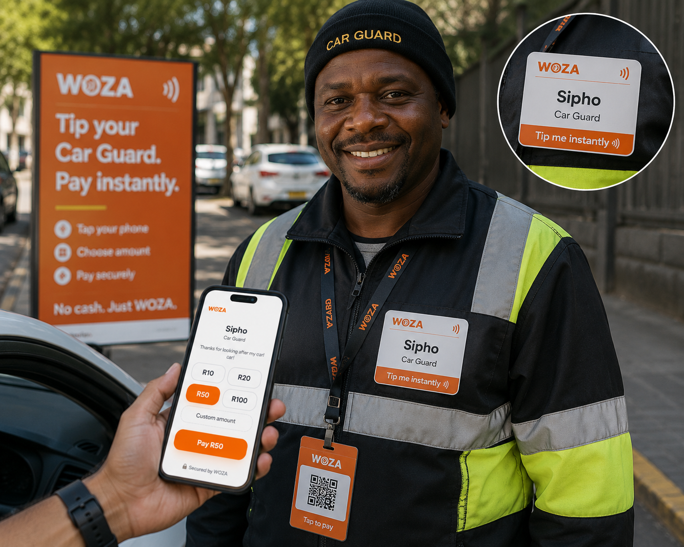 Sipho, Car Guard, being paid with Khula